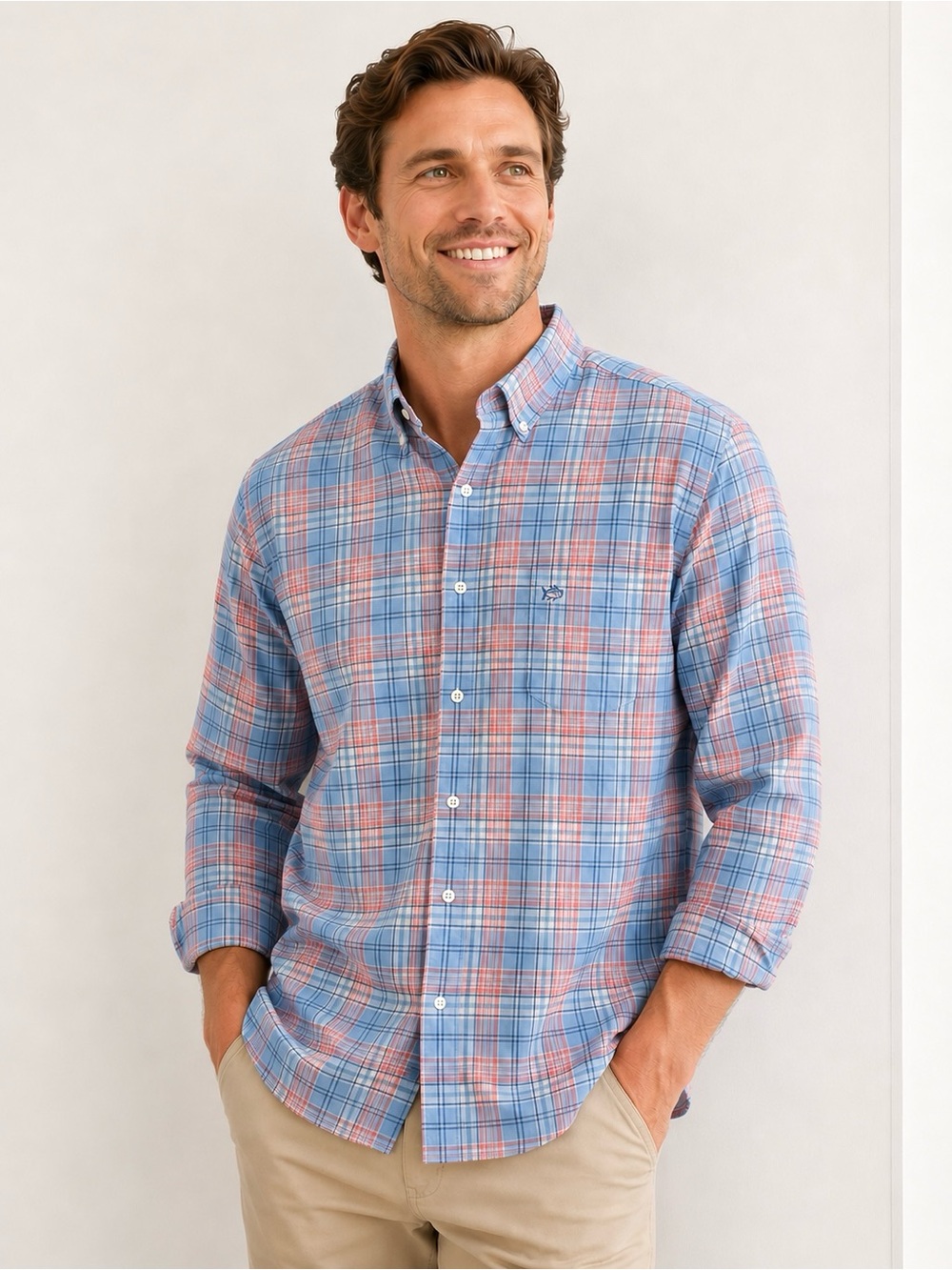 Men’s Southern Tide Blue and Pink Plaid Button-Down Classic Fit Shirt XL